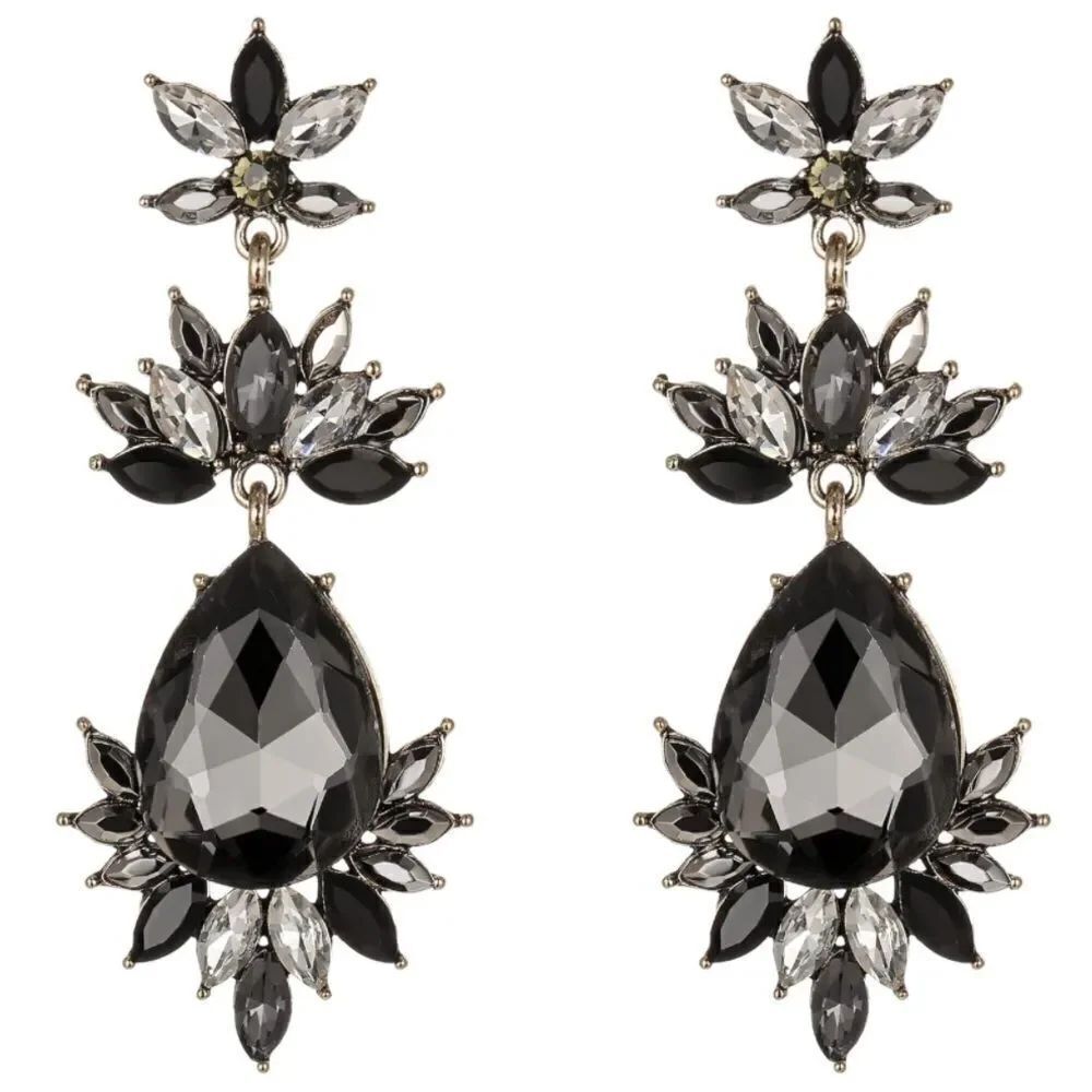 Yellow Gold with Gray and Black Onyx Crystal Art Deco Chandelier Post Earrings